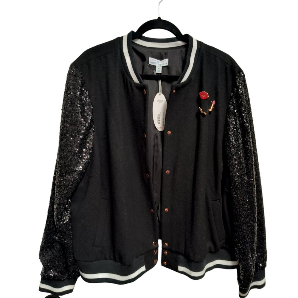 NWT Black/White Sequin Sleeve Baseball Jacket